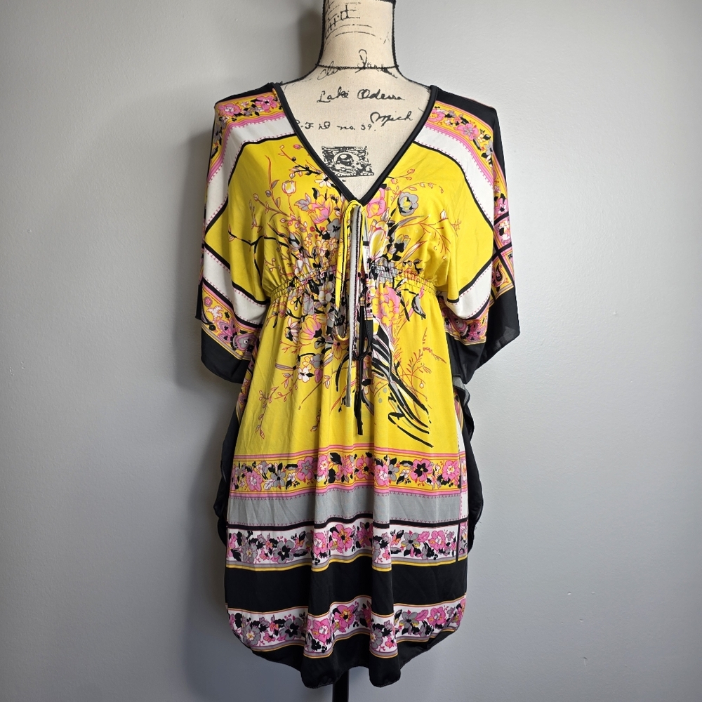 Free Culture Boho Floral Kimono Sleeve Mini Dress/tunic Top Yellow Black Size L